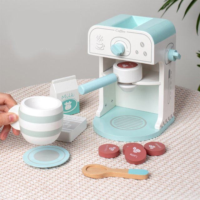 Meitianfacai Children's Wooden Coffee Machine Toy Set With Coffee Capsules Milk Carton Sugar Spoon Cup And Saucer Role Play Kitchen Toy For Imaginative Play Development