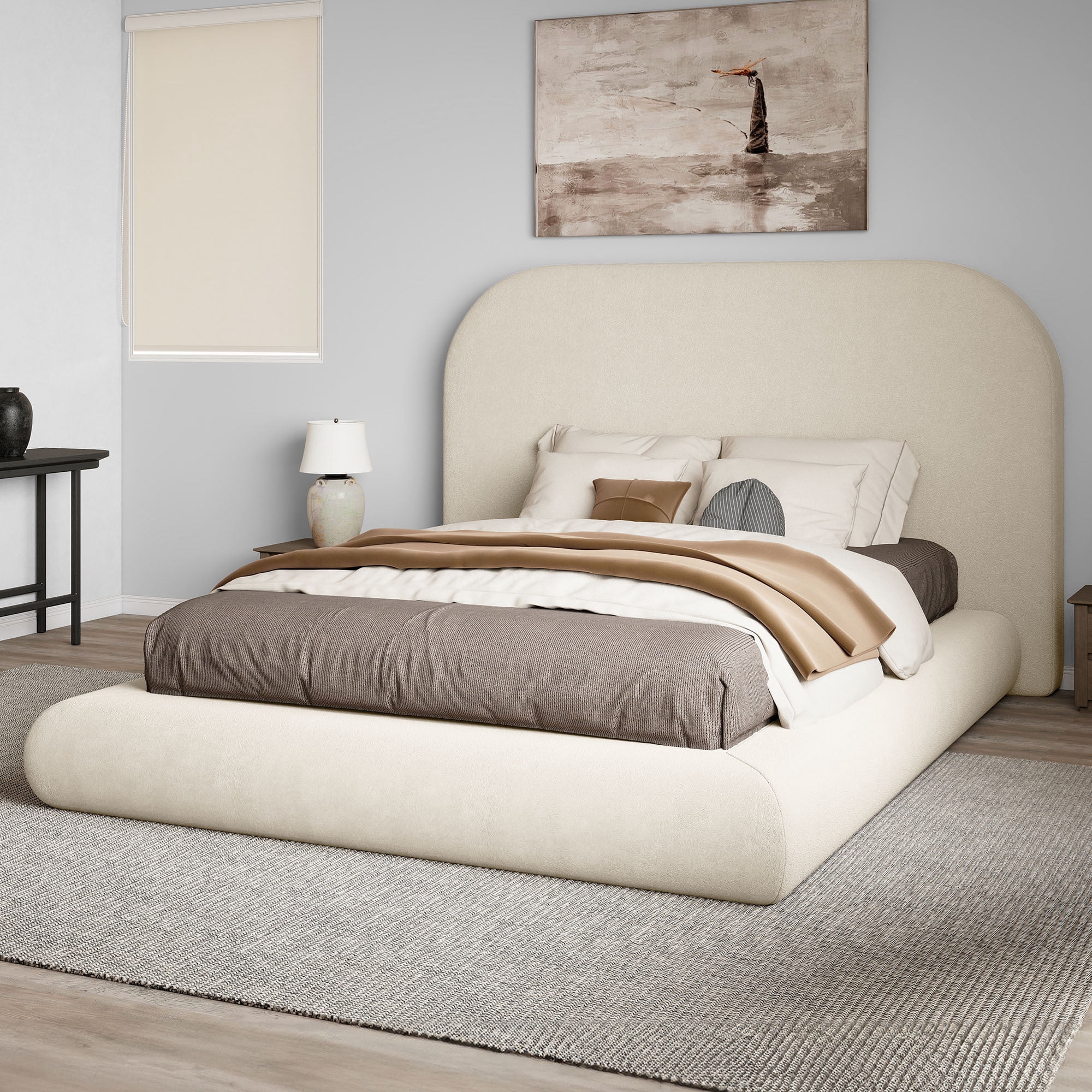 Uforic Queen Size Velvet Upholstered Cloud Bed Frame with Headboard/Footboard, 10-Second Easy Assembly, Off-White