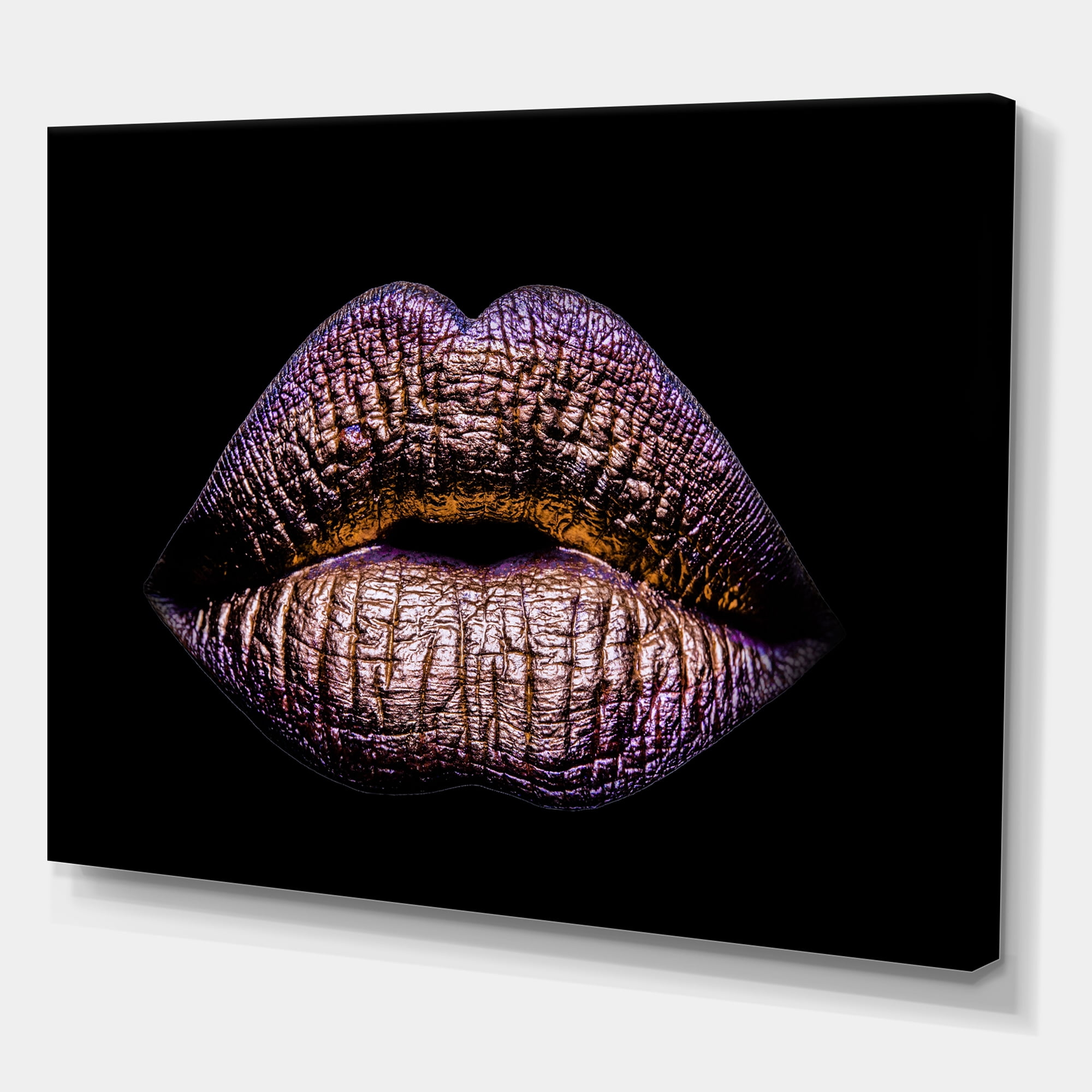 Designart ' Sexy Golden Metallized Woman Lips V ' Modern Canvas Wall Art Print