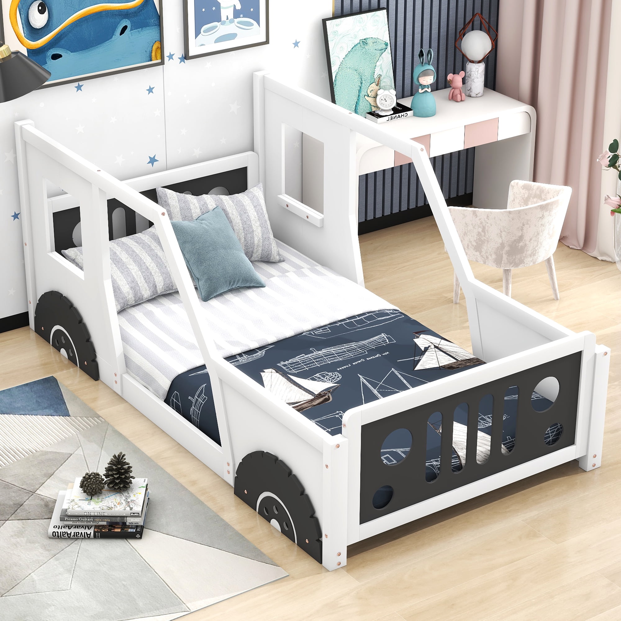 Euroco Car-Shaped Twin Size Platform Bed for Kids’ Bedroom, Solid Car Bed for Gift,Low Profile,White