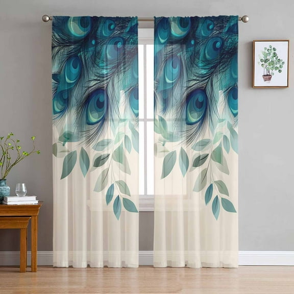 Teal Turquoise Sheer Curtains 72 Inches Long 2 Panels Set, Window Sheer Curtains for Living Room/Bedroom, Peacock Feathers Aesthetics Eucalyptus Light Filtering Rod Pocket Curtain 52'' x 72'' x 2