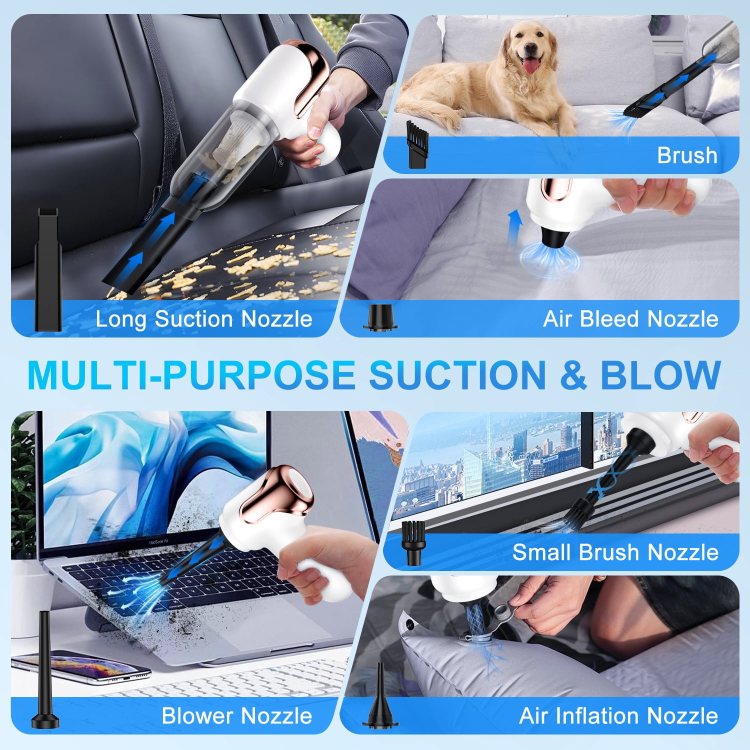Wireless Handheld Car Vacuum Cleaner, 4 in 1 Portable Vacuum Cleaner, 20000Pa High Power Cordless Air Duster with Multi-Nozzles, Rechargeable Dust Busters for Car, Home, Office, Pet, White