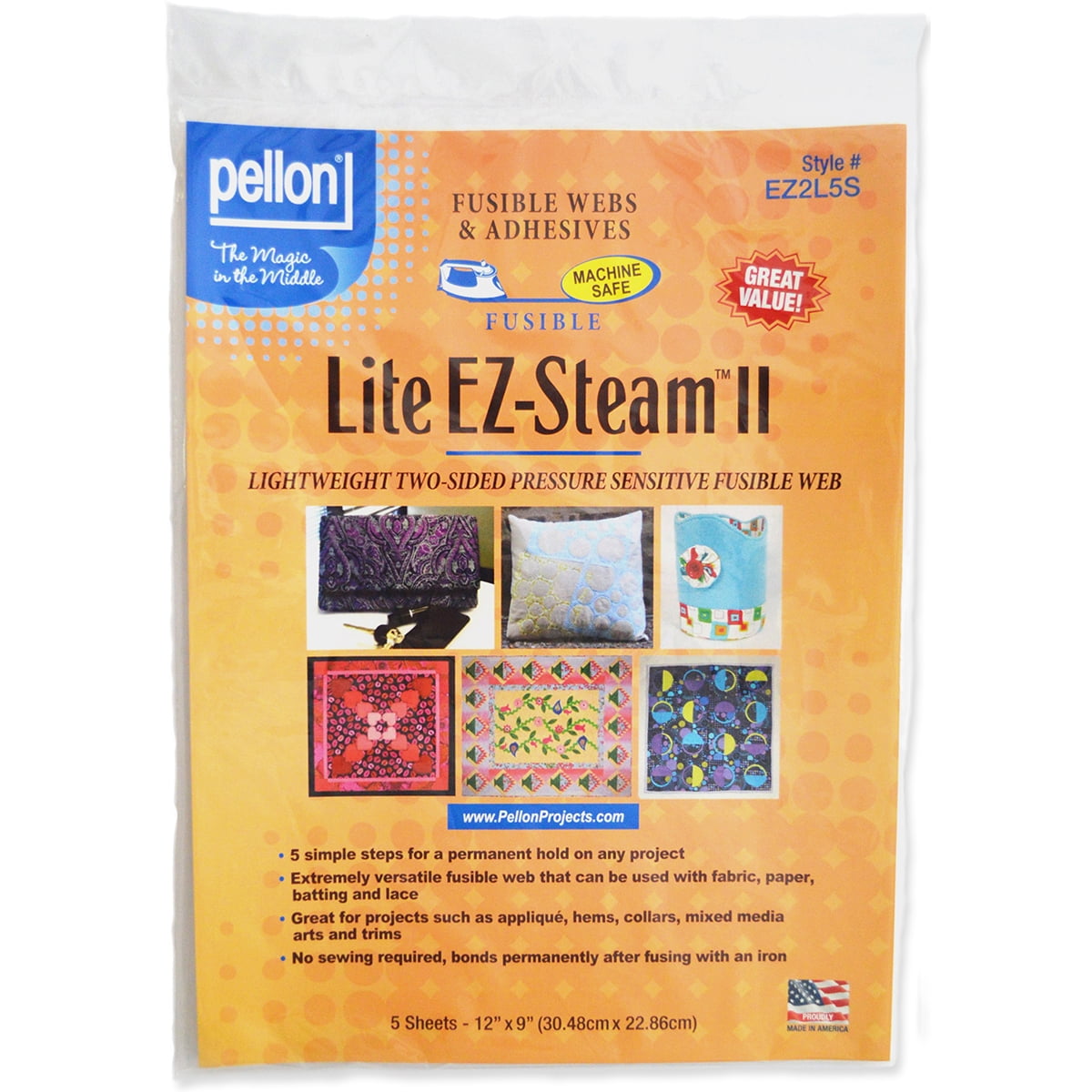 Pellon EZ Steam II Lite Fabric, Clear 12' x 9' Sheets 5 Pack Precut