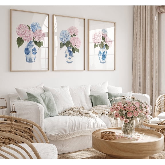 UNFFRAMED Luvia Pink and Blue Hydrangea Wall Art Set of 3, Chinoiserie Floral Print for Bedroom Set 3 Prints 8x12