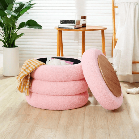 MIDODO Modern Round Storage Ottoman, Sherpa Footstool,Multifunctional Teddy Vanity Stool with Flip-Top Tray, Makeup Chair
