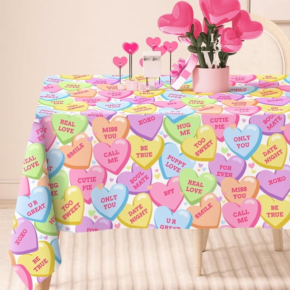 Valentine Rectangle Tablecloth Conversation Heart Fabric Table Cloth Colorful Washable Table Cover for Wedding Anniversary Holiday Picnic, 60 x 102 Inch