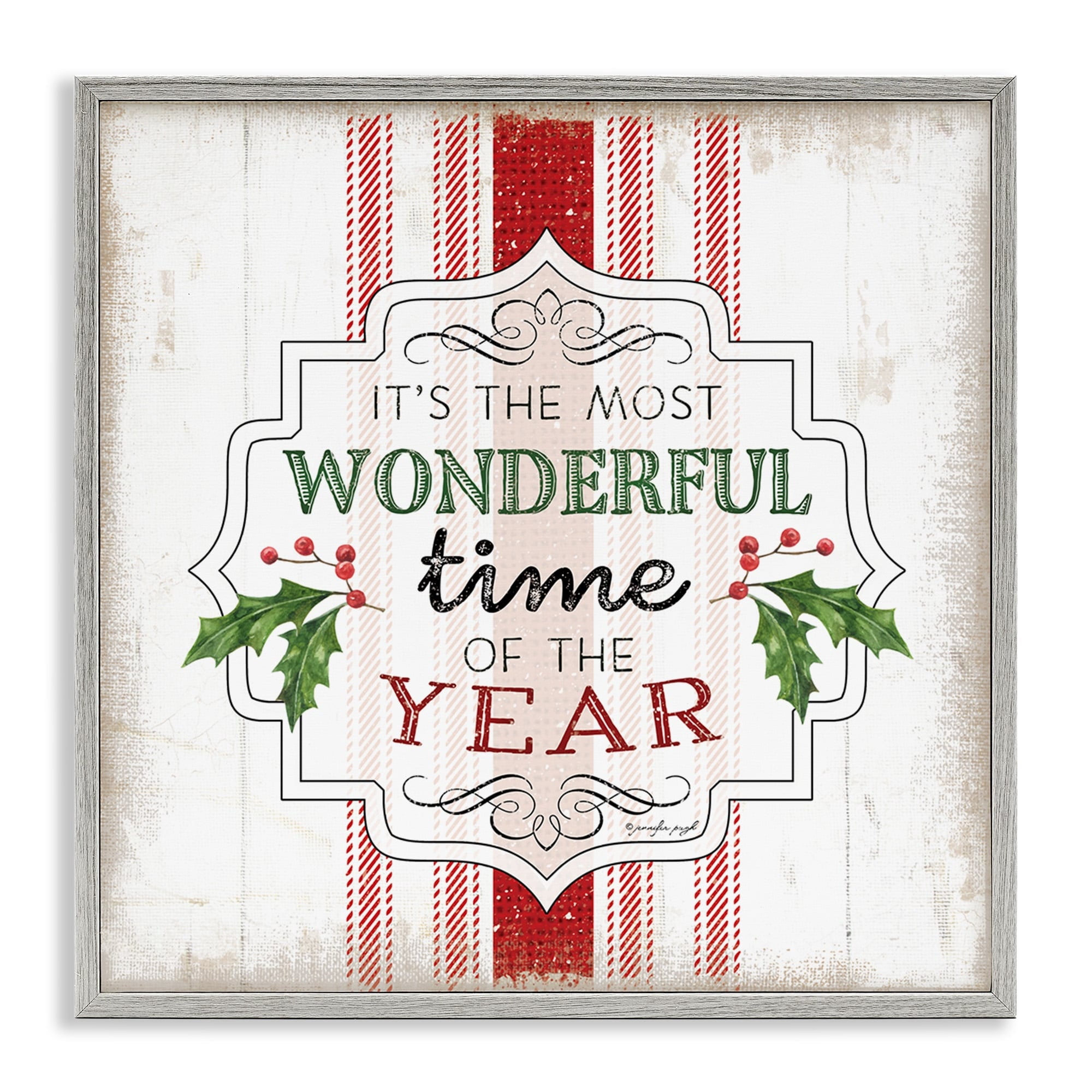 Festive Holiday Quote Holly Sprig Rustic Stripes Inspirational Graphic Art Framed Art Print Wall Art