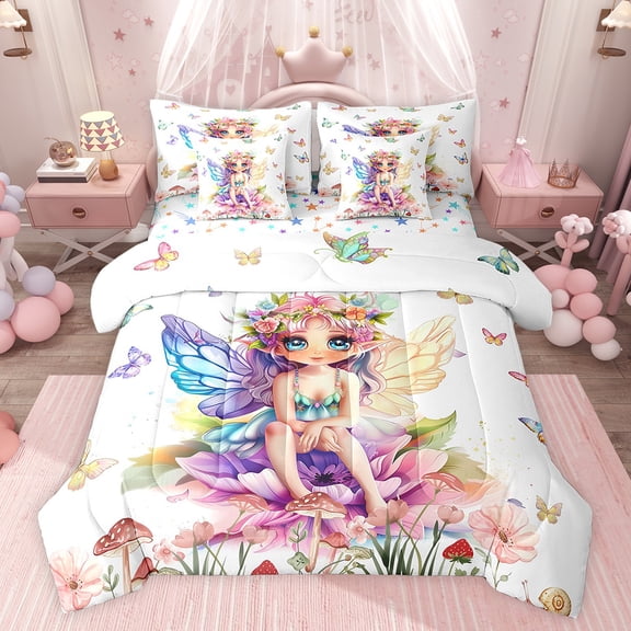 Feelyou Spring Flower Elf Twin Bedding Sets 7-Piece for Kids, Groovy Floral Mushroom Bedding Comforter Set, Fairy Tale Princess Reversible Sheet Sets, Lightweight Room Decor