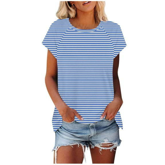 Npasoilc Printed Short Sleeve Tops for Women Round Neck Raglan Stripe Casual Fashion Blouses