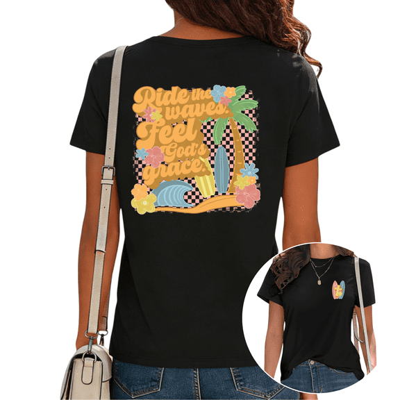Ride The Waves Feel God's Grace Retro Checkered Palm Tree Surf Graphic Tees T-shirt Tops Suitable Short Sleeve Black S-5XL