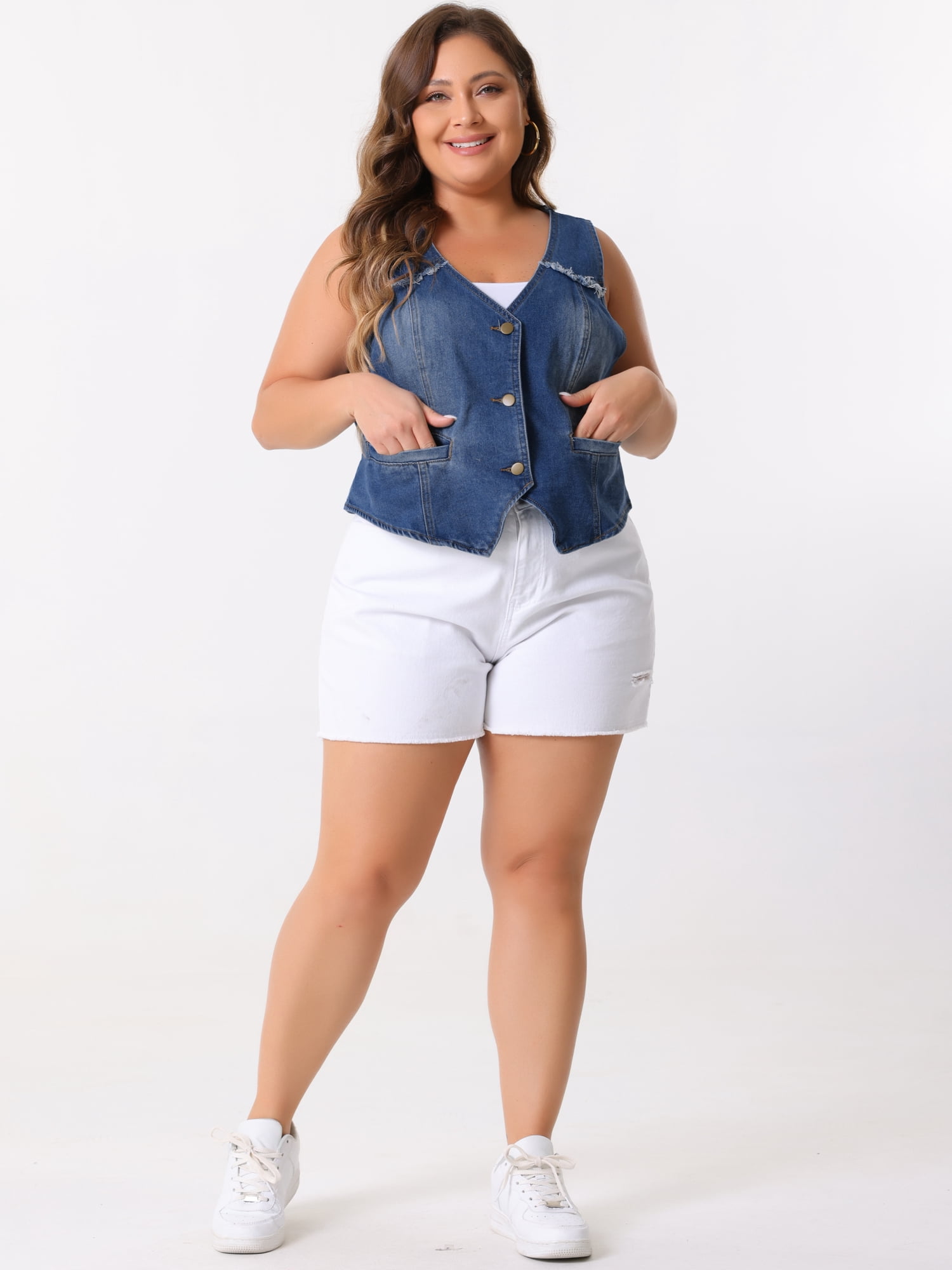 DARING DIVA Women's Plus Size V Neck Washed Distressed Denim Vest 4X Blue