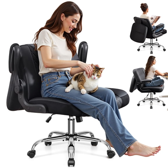 COOLHUT Criss Cross Office Chair with Flip Padded Backrest, Comfy PU Leather Cross Legged Desk Chair, Flip-Up Arms & Extra-Wide Seat for Home Office, Vanity Chair, Black