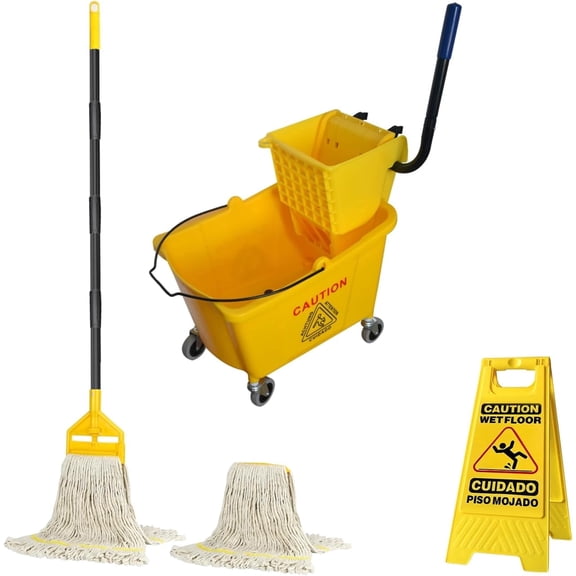 KYascend Commercial Mop Bucket System, Side Press Wringer, 38Qt Yellow, Mobile with Wheels, Complete with 2 Mop Heads