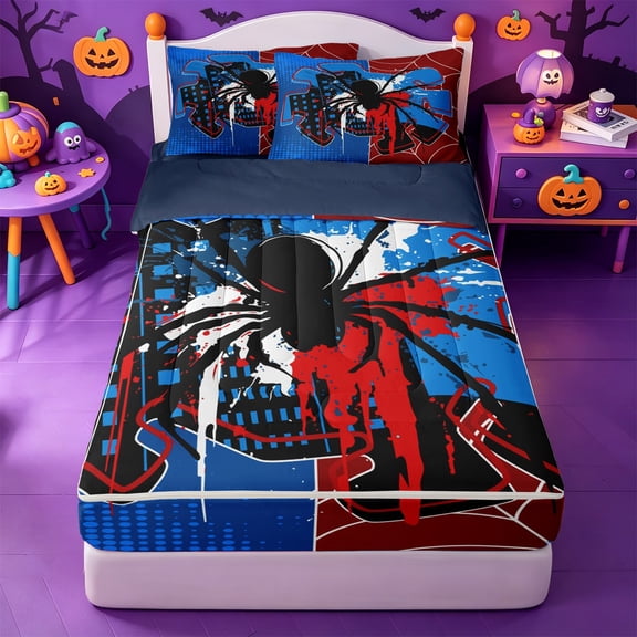 Erosebridal Cartoon Graffiti Spider Zipper Twin Comforter Sets with Fitted Sheet and 2 Pillowcases,Spooky Halloween Themed Zipper Bedding Set For Boys,Navy Blue Reversible,4pcs