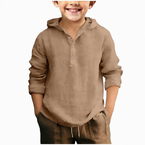 JUMEYU Boys Cotton and Linen Hooded Shirts Uniform Long Sleeve Tops Fall Casual Comfy Button Down Preppy Shirt for Boys Size 13-14 (Brown,13-14 Years)