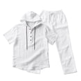 thumbnail image 4 of FRSASU Men's 2 Piece Linen Outfits Short Sleeve Henley Hooded Shirt and Beach Pants Set Casual Summer Matching Set White, 4 of 9