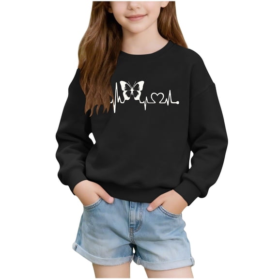 Girls Lightweight Sweatshirt Heart Printed Tops Valentines Casual Crewneck Pullover Long Sleeve Holiday Outfits (7-8 Years, Black #C)