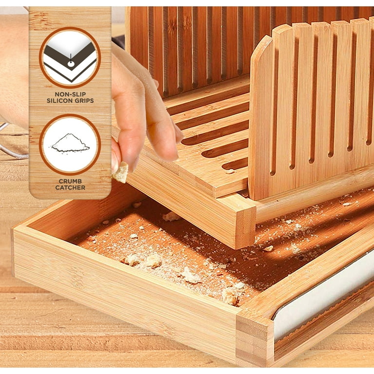  Bamboo Bread Slicer for Homemade Bread Loaf – Wooden Bread  Cutting Board with Crumble Holder – Foldable, Adjustable and Compact Loaf  Cutter – Thin or Thick Slices: Home & Kitchen