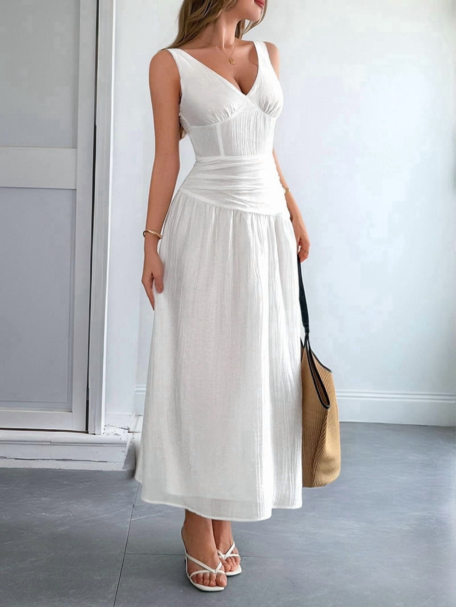 Women'S Summer Sleeveless Casual Dresses V-Neck Wrinkles Backless Party Dress White M