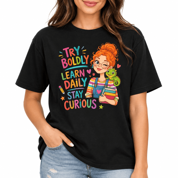 【New Arrival】Women Teacher Graphic T Shirt Try Boldly Learn Daily Print Short Sleeve Crew Neck Black Tee, Back to School Casual Top