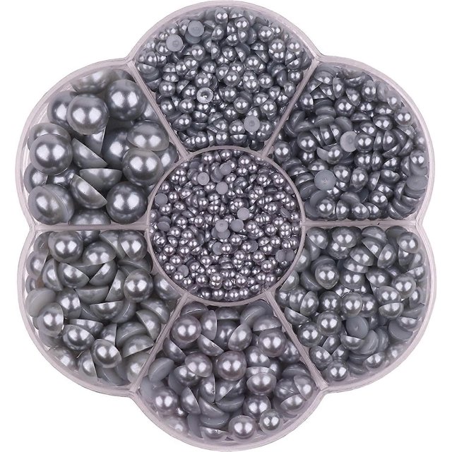 3000 PCS 1 Box 7Sizes 2.5/3/4/5/6/8/10mm Flat Back Half Round Pearl Cabochon Bead Loose Beads Gem for Nail Craft Scrapbook DIY Decoration (Gray)
