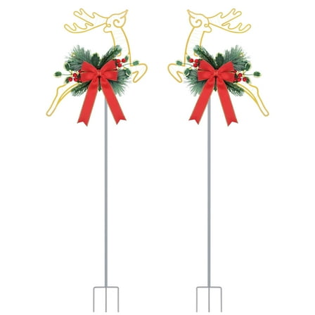Imountek 2Pcs Christmas Reindeer Lights, Battery Powered LED Pathway Stake Lights for Outdoor Garden Patio Holiday Decor