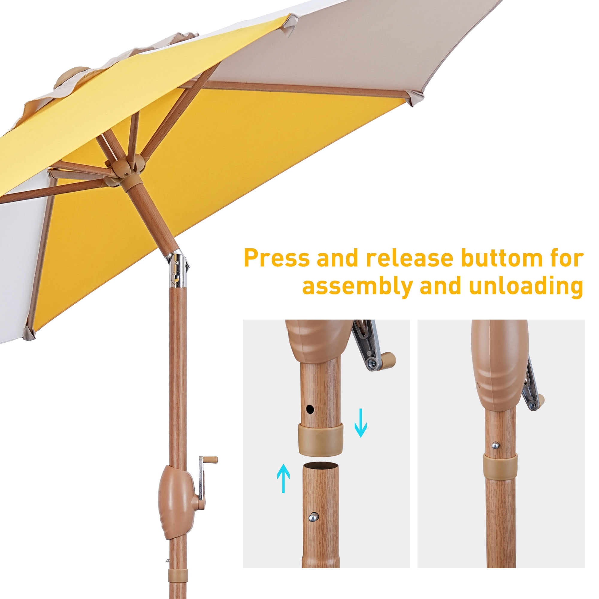 Autlaycil 7.5ft Yellow/Khaki/White Patio Umbrella with Base and Button Tilt Sun Shelter UV Protection Beach for Market, Beach, Patio, Pool, Garden Backyard