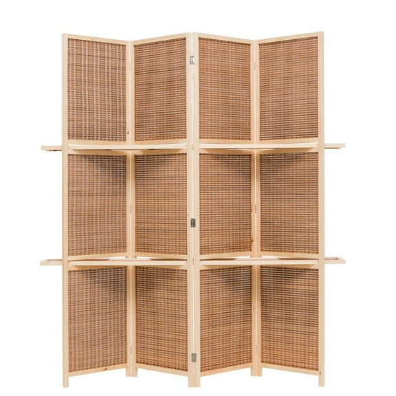 THY COLLECTIBLES Freestanding Wood Frame Woven Bamboo 4 Panels Hinged Privacy Panel Screen Partition Wall With 2 Display Shelves Holding Room Divider With Shelves-Bamboo (Brown)