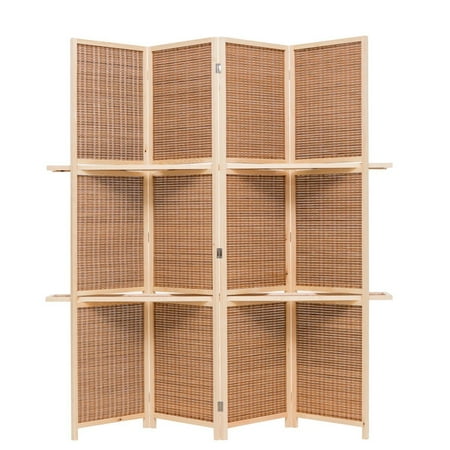 THY COLLECTIBLES Freestanding Wood Frame Woven Bamboo 4 Panels Hinged Privacy Panel Screen Partition Wall With 2 Display Shelves Holding Room Divider With Shelves-Bamboo
