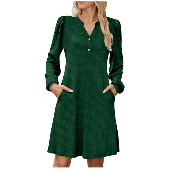 Floral Dresses for Women Fashion Solid Color V-neck Brushed Rib A-line Long-sleeve Button Pockets Dress
