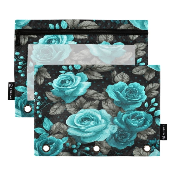Wobogo Pencil Pouch Vintage Teal Rose 3 Ring Binder Clear Window Waterproof Durable Zipper Bag 9.84x7.08in