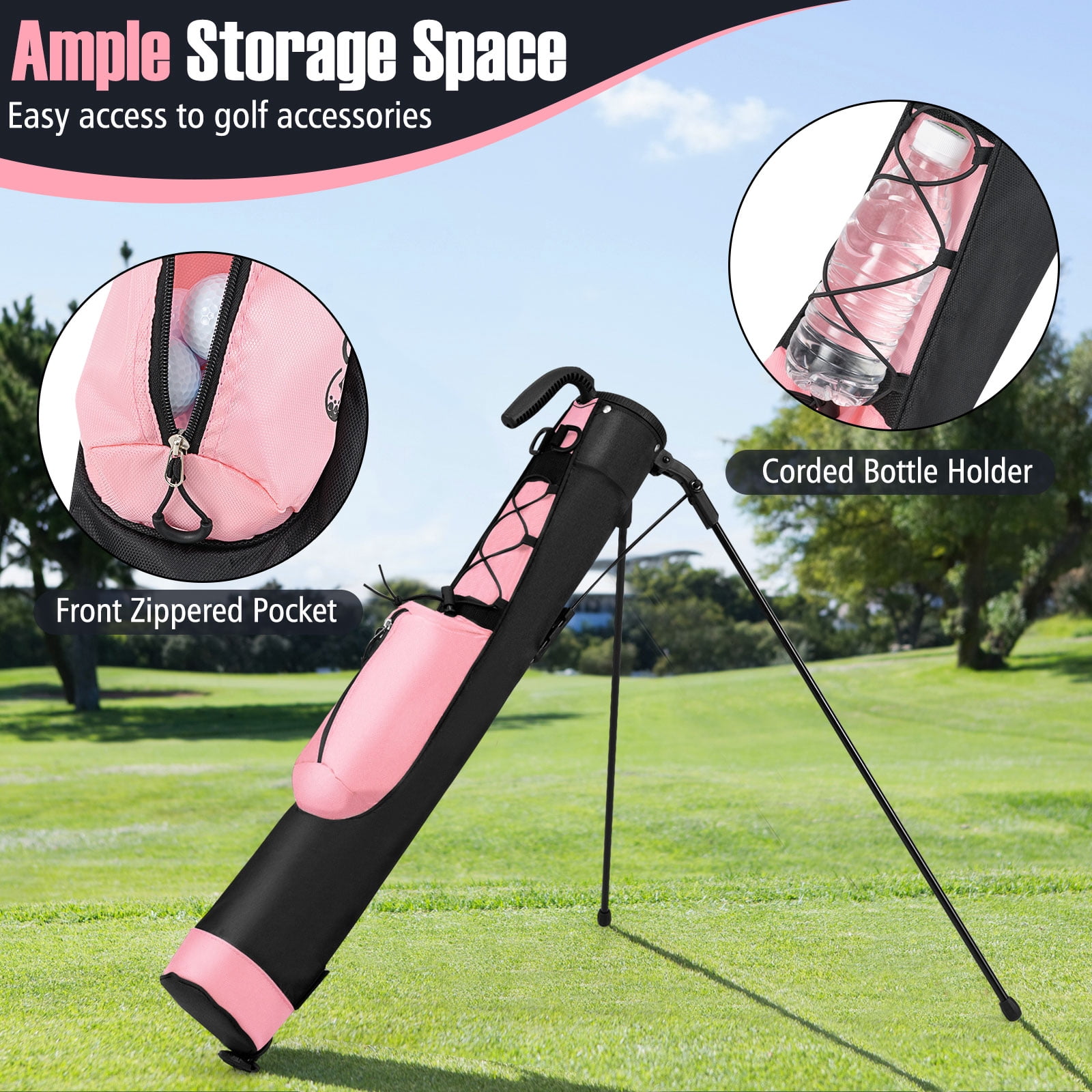 Gymax Lightweight Golf Stand Bag Par 3 & Executive Courses Carry Bag Shoulder Strap Pink