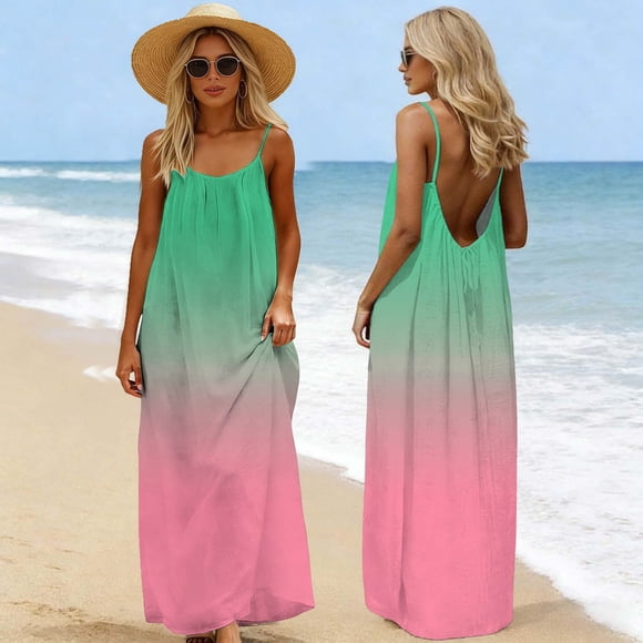 Elvqul Sleeveless Dresses for Women Pink Maxi Dresses Summer Pullover Gradient Square Neck Ladies Cami Dresses Beach
