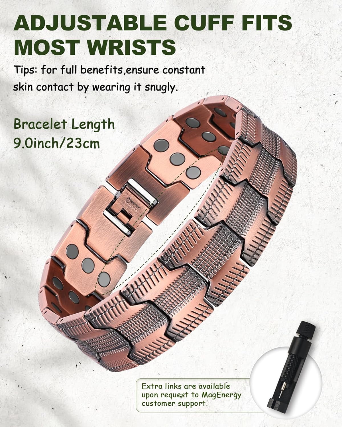 Wollet 3X Copper Magnetic Bracelet for Men, 99.99% Pure Copper Ring Jewelry Set