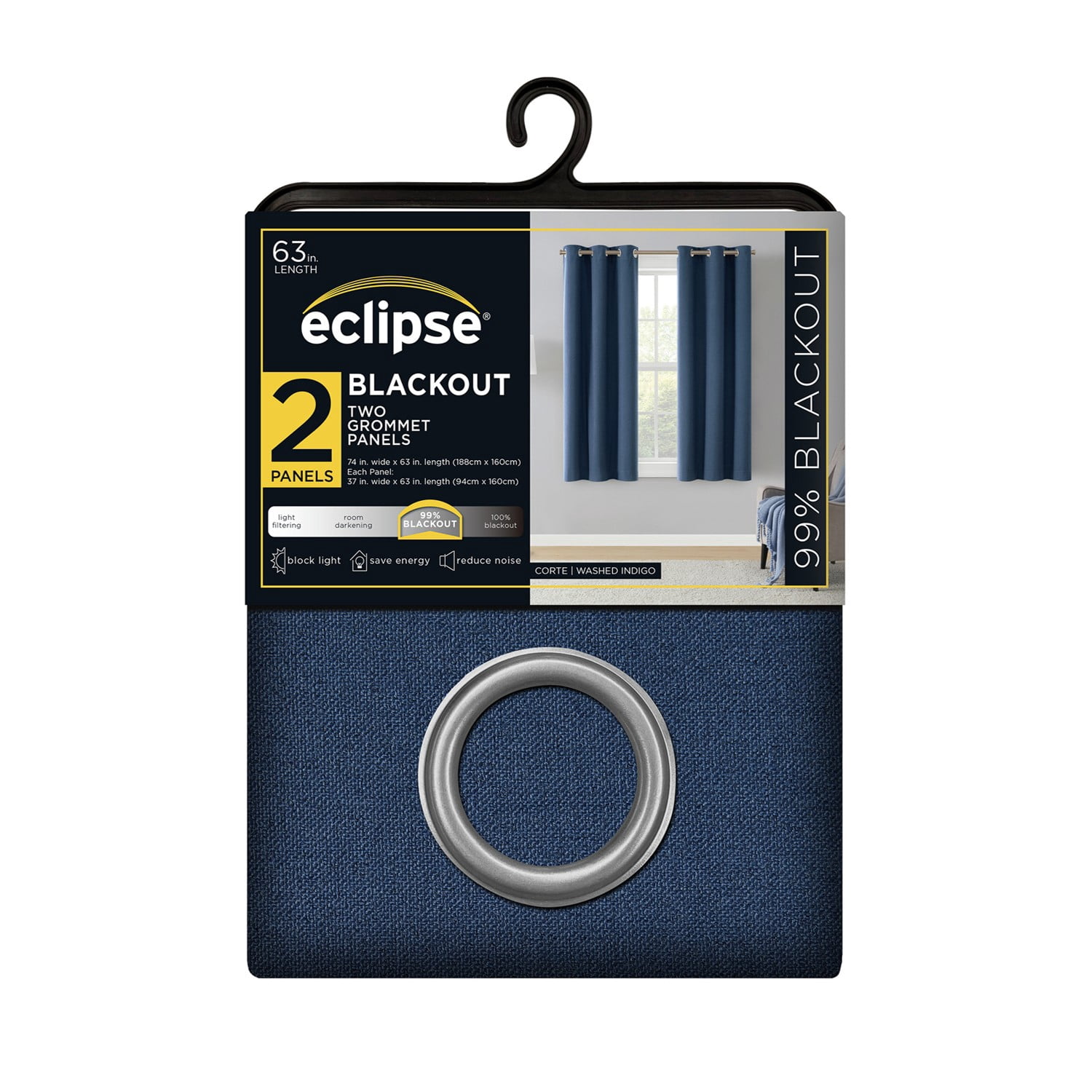 Eclipse Corte Solid Blackout Curtains, Set of 2, 63 Inch Long Blackout Curtains, 37" W x 63" L, Indigo