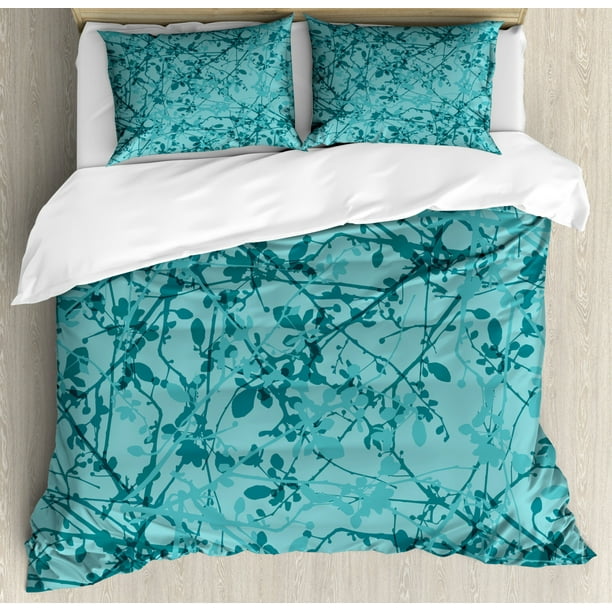 Teal Duvet Cover Set Queen Size, Ink Drawing Inspired Intertwined Tree