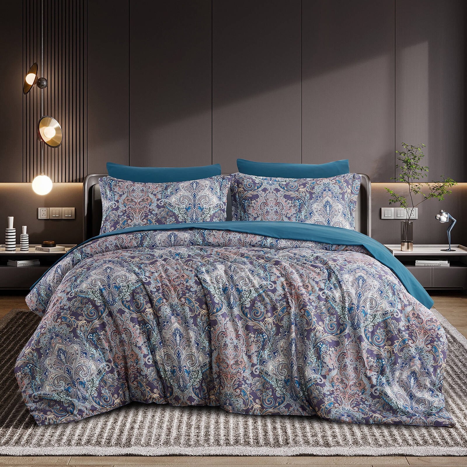 Wajade 7PCS Boho Paisley Print Luxury Comforter Bed in a Bag Set King Size, Vintage Floral Medallions Microfiber Bedding Set (1 Comforter,2 Pillow Shams,1 Flat Sheet,1 Fitted Sheet,2 Pillowcases)