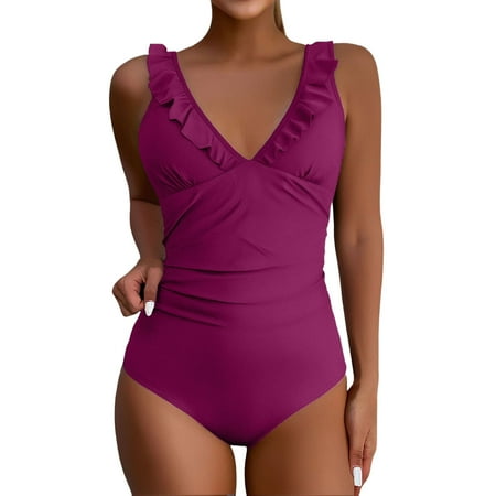Biziza One Piece Swimsuit for Women Basic Purple 2025 Trendy Solid Color Padded with Built in Bra Ruffled Tummy Control Swimsuits Spandex Mock Turtleneck Ruffle Bathing Suits