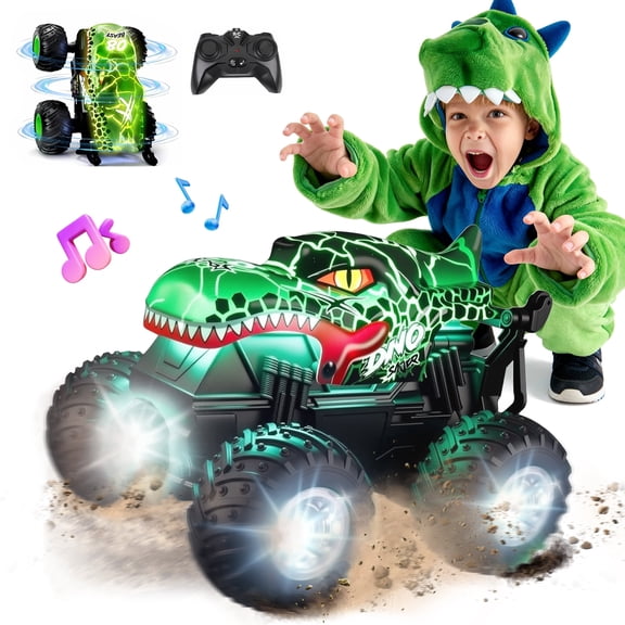 YCFUN RC Monster Truck Toy with 360° Spins, Music and LED Car Shell & Wheels, Dinosaur Toy RC Car for Kids Boys Ages 3 (Green)