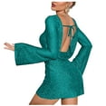 thumbnail image 2 of FcBaudy Longues Robe à Manches Col Rond Femme Paillettes Dos Nu Nouée Manches Pagode Mini Robe Manches Longues Paillettes Moulante Robes de Soirée Robe Femme, 2 of 9