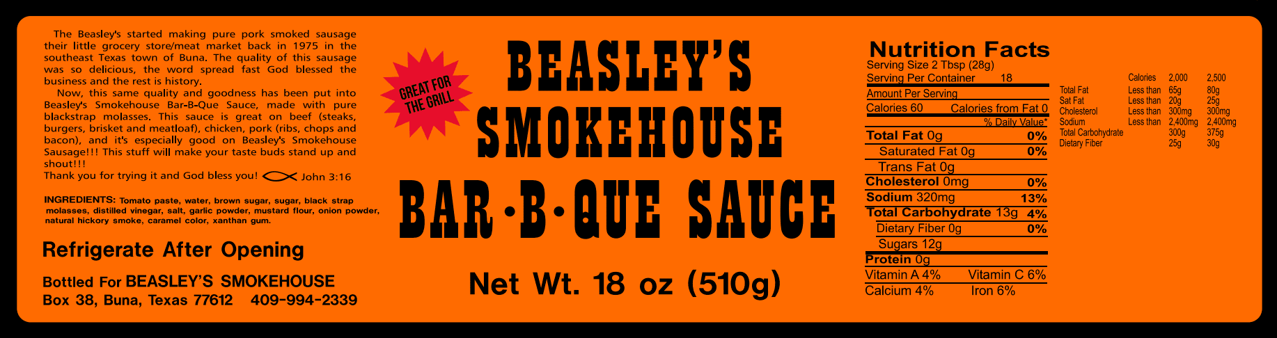 Beasley's Barbecue Sauce, 18 oz