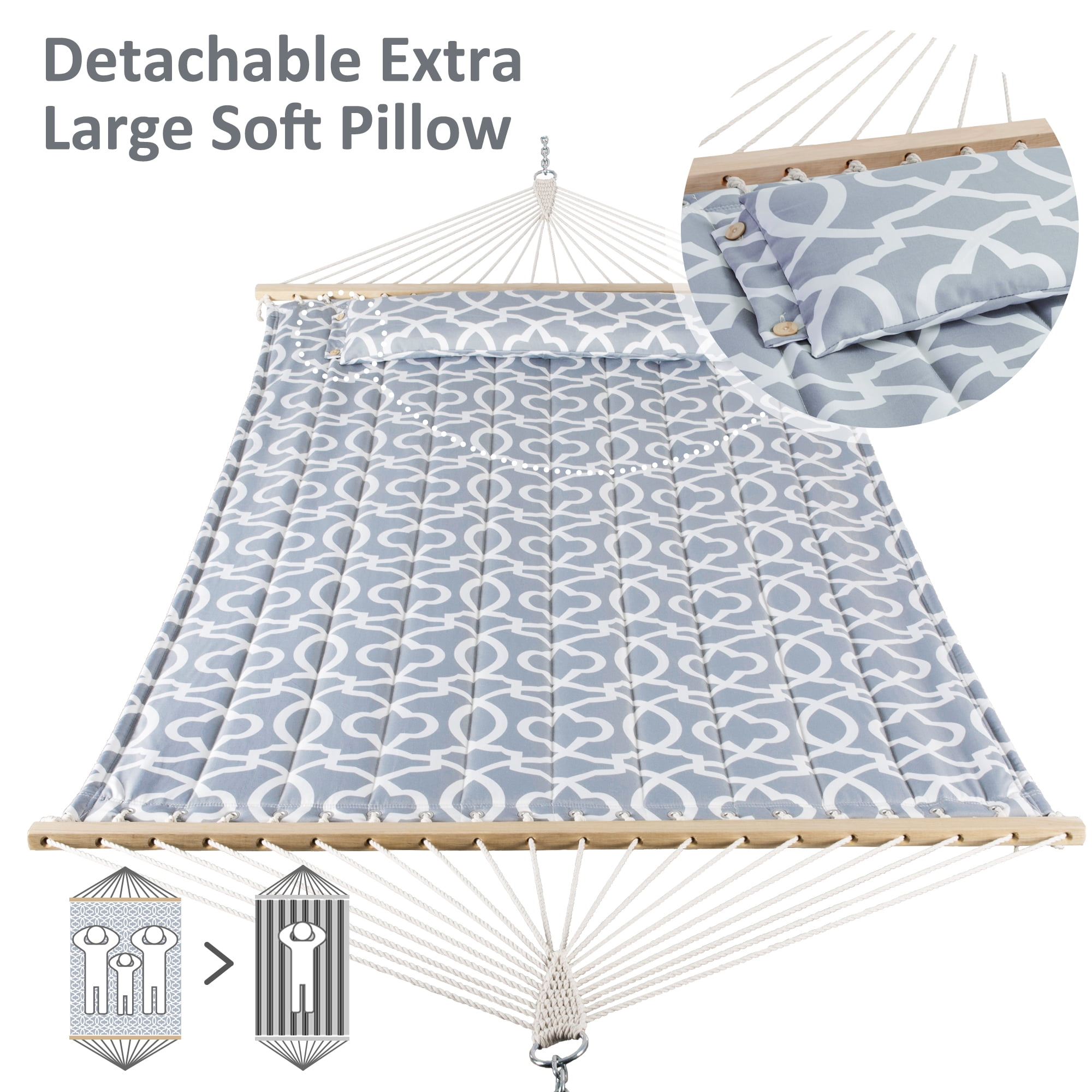 SUNCREAT Double Quilted Hammock, Heavy Duty 2 Person Hammock for Indoor, Outdoor, 78.7"L x 59.1"W,Grey Pattern（Stand is Not Include）