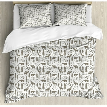 Northwoods Duvet Cover Set Queen Size, Forest Elements with Bear Moose Trees and Mountains Wildlife Nature Theme, Decorative 3 Piece Bedding Set with 2 Pillow Shams, Taupe and White, by Ambesonne