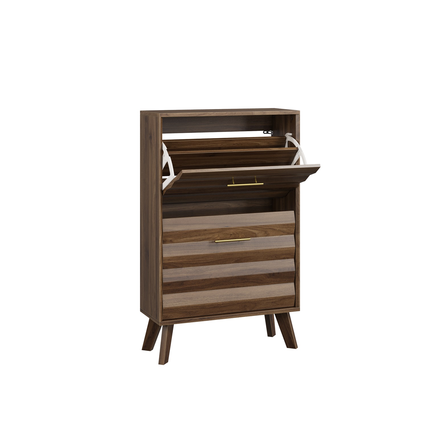 Hommoo 23.6-inch Wood Flip-Top Shoe Cabinet, Mid-Century Modern Slim Entryway Storage with Dual Tilt-Out Compartments & Open Shelf, Walnut