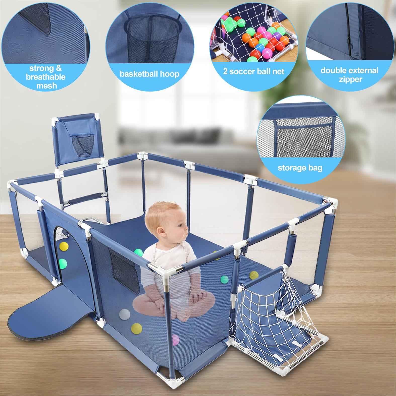71” x 48” Extra Large Baby Playpen with Basketball Hoop & Soccer Net, No-gap safety Play Yard for Babies & Toddlers, Sturdy Mesh Fence Ball Pit Area (No Balls)