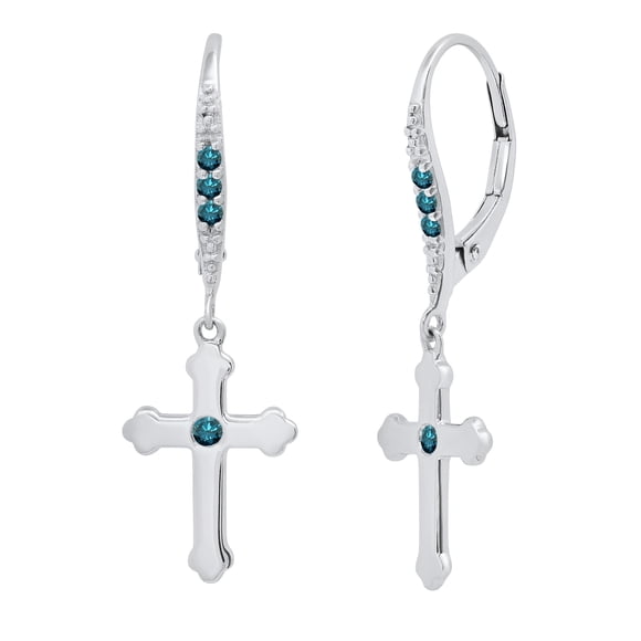 Dazzlingrock Collection Boucles d'Oreilles Unisexes Pendantes Croisées en Diamant Bleu Rond (0,14 ctw, Couleur Bleu, Pureté I2-I3) en Or Blanc 14K