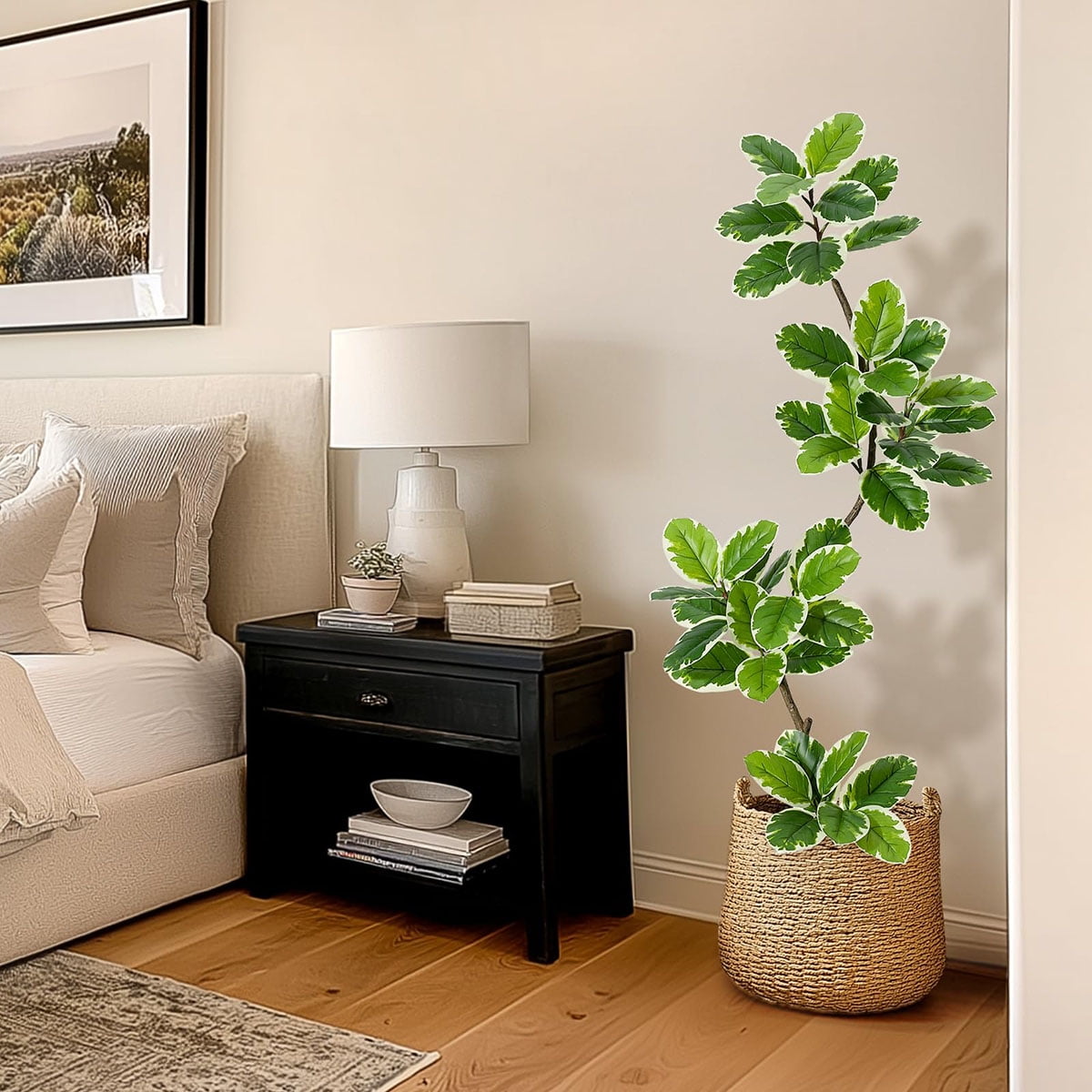 Ataucjin 5FT Artificial Fiddle Leaf Fig Tree, Tall Faux Rubber Tree with Sphere Planter, Tall Artificial Plants with Moss for Home Decor Office Living Room