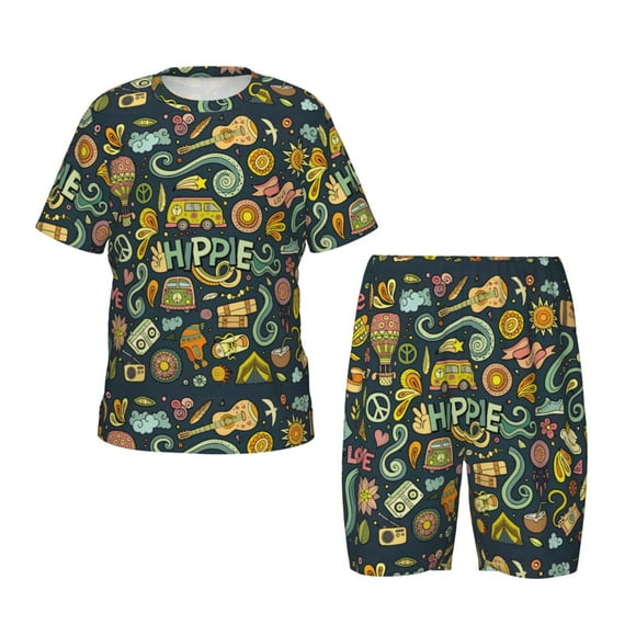 Balery Colorful Hippie Conjunto de Pijama Infantil de Manga Corta con Estampado – Ropa de Dormir de Algodón Suave-Large