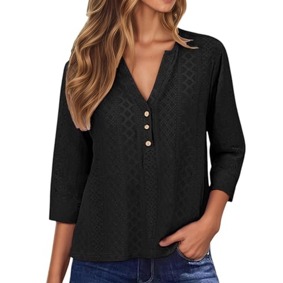 Womens 3/4 Sleeve T Shirts Solid Color Split Neck Summer Casual Soft Tee Tops Black L