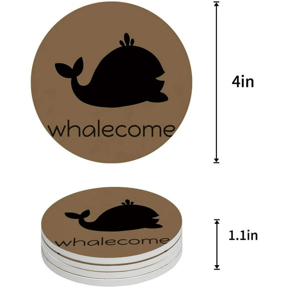 FMSHPON Ocean Whale Silhouette Brown Set of 8 Round Coaster for Drinks, Absorbent Ceramic Stone Coasters Cup Mat with Cork Base for Home Kitchen Room Coffee Table Bar Decor